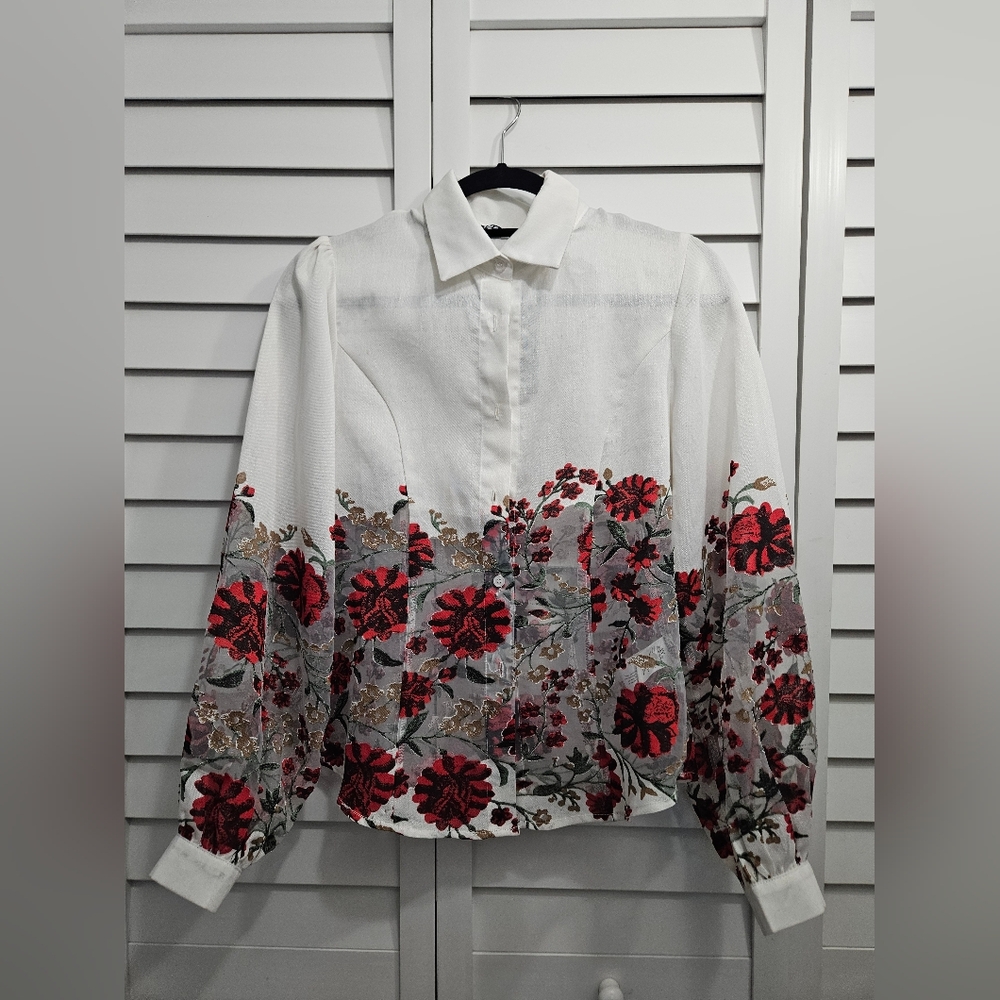NWT Ina White Blouse with Red Floral Sheer Design SMALL